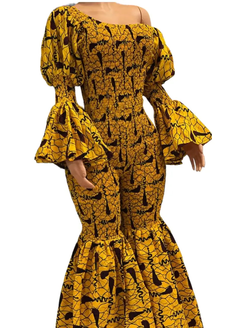 African Print Off Shoulder Bodycon Jumpsuit