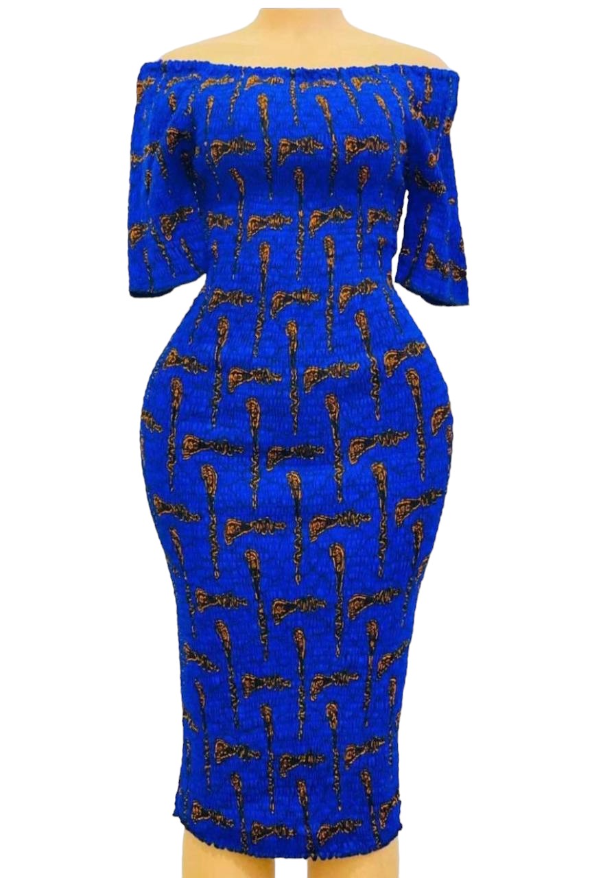 African Print Smocked Mid Length Dress (Blue)