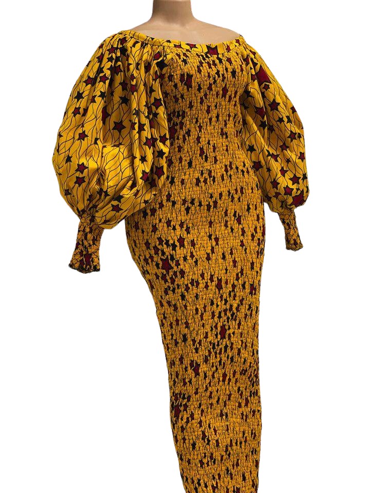 African Print Smocked Dress (Yellow)