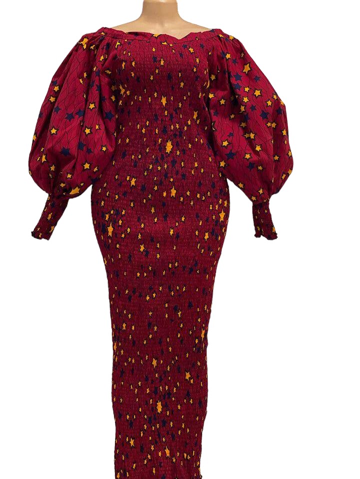 African Print Smocked Dress (Red)