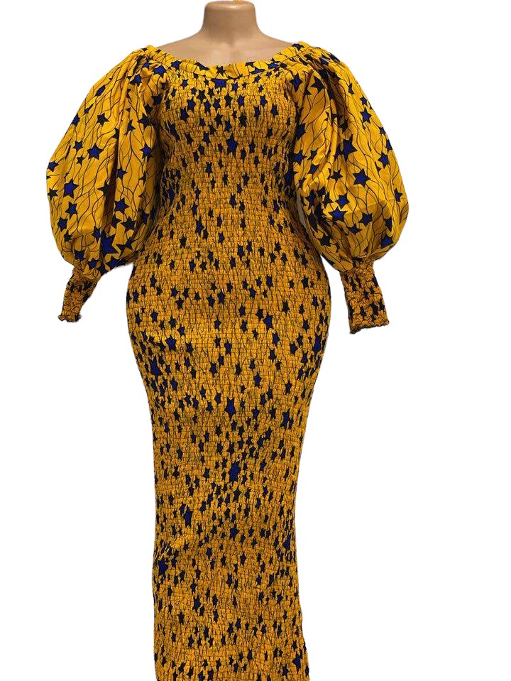 African Print Smocked Dress (Yellow)