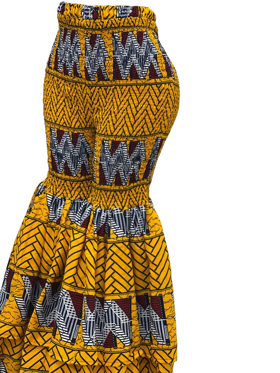 African Print Smocked Ankara Layered Bell Pants (Geometric/Yellow)