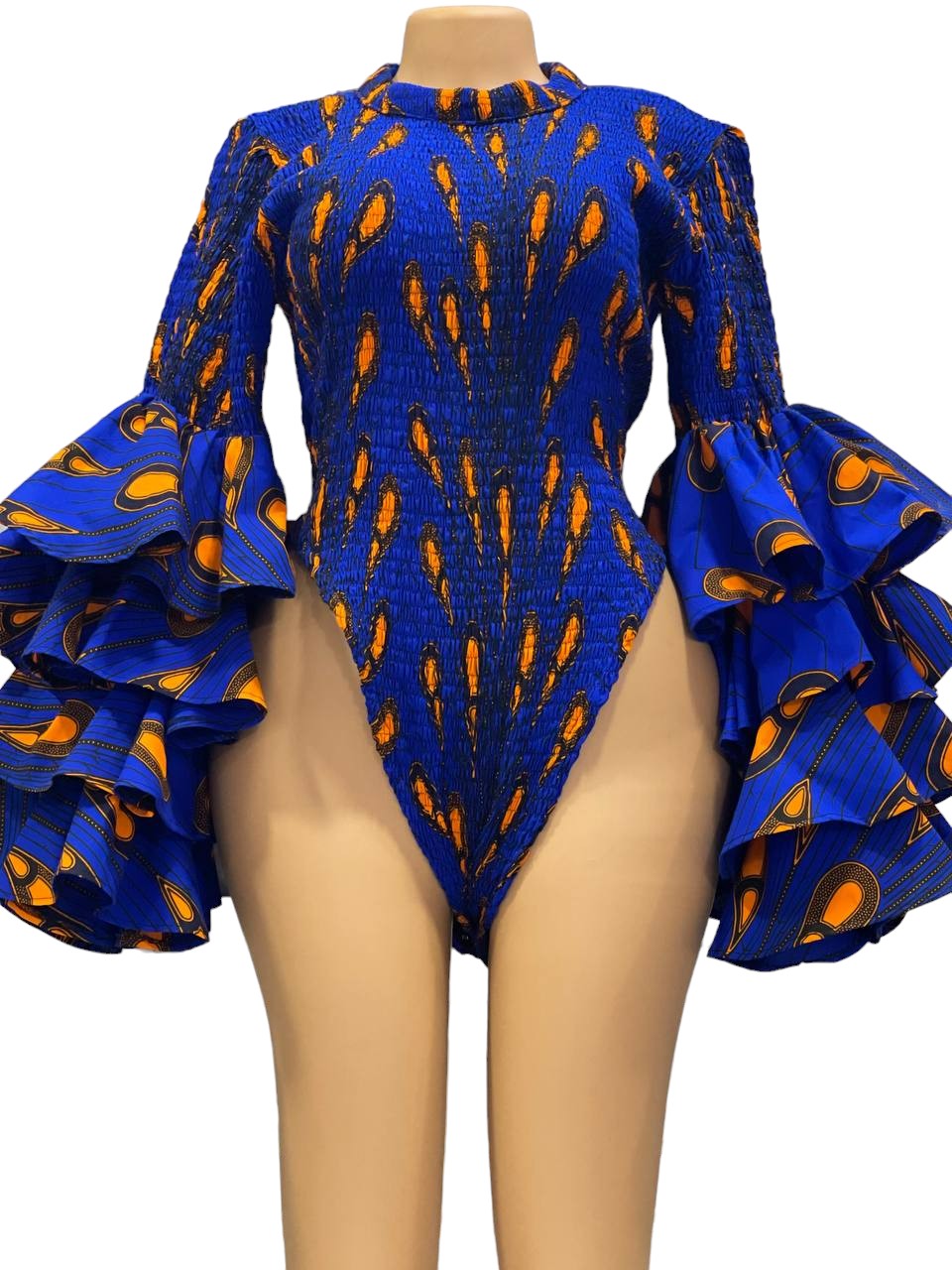 African Print Layered Sleeve Bodycon Dress (Blue)