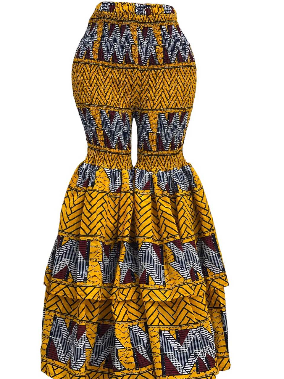 African Print Smocked Ankara Layered Bell Pants (Geometric/Yellow)