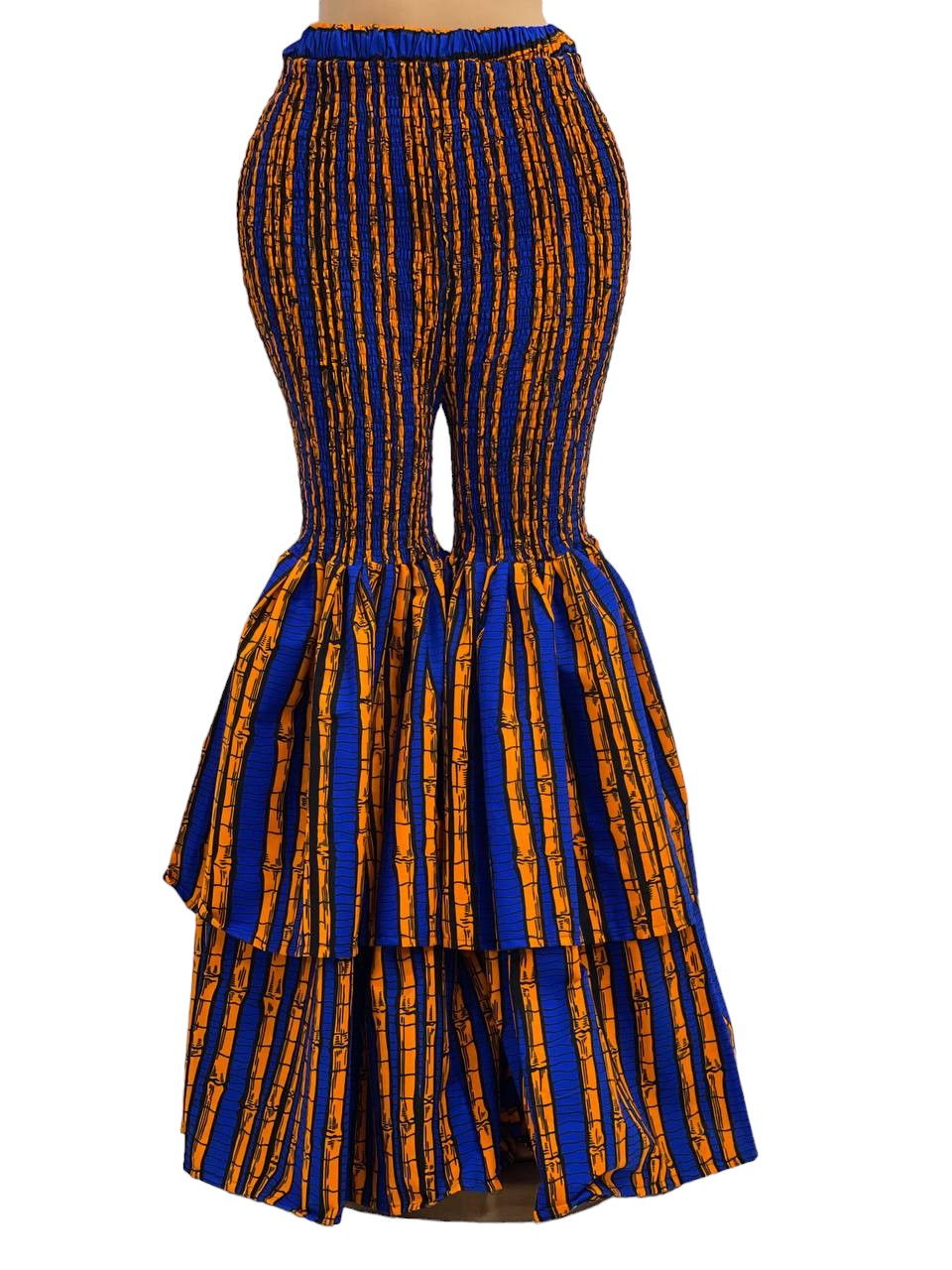 African Print Smocked Ankara Bell Pants (Orange/Blue)