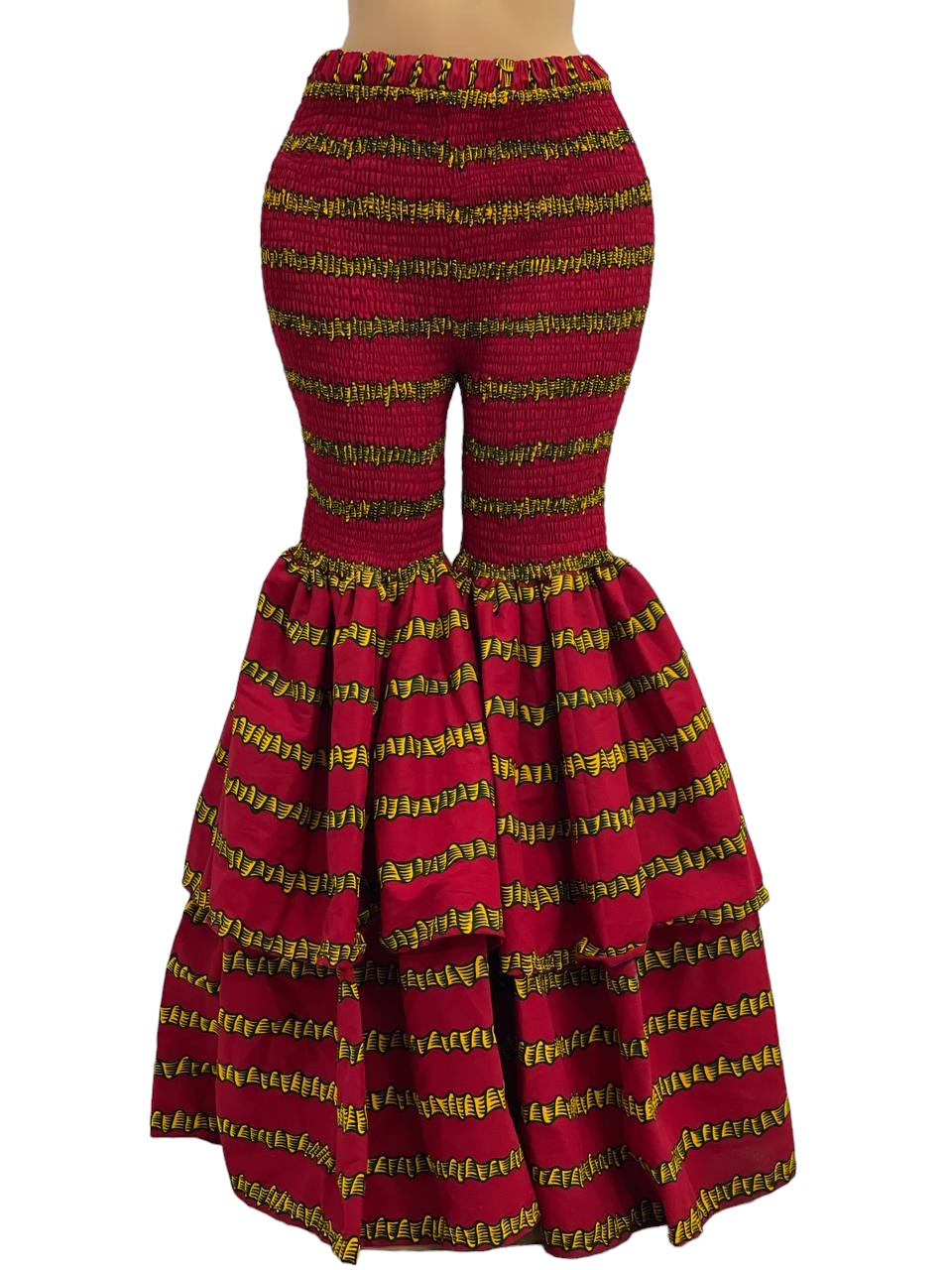 African Print Smocked Ankara Layered Bell Pants (Red)