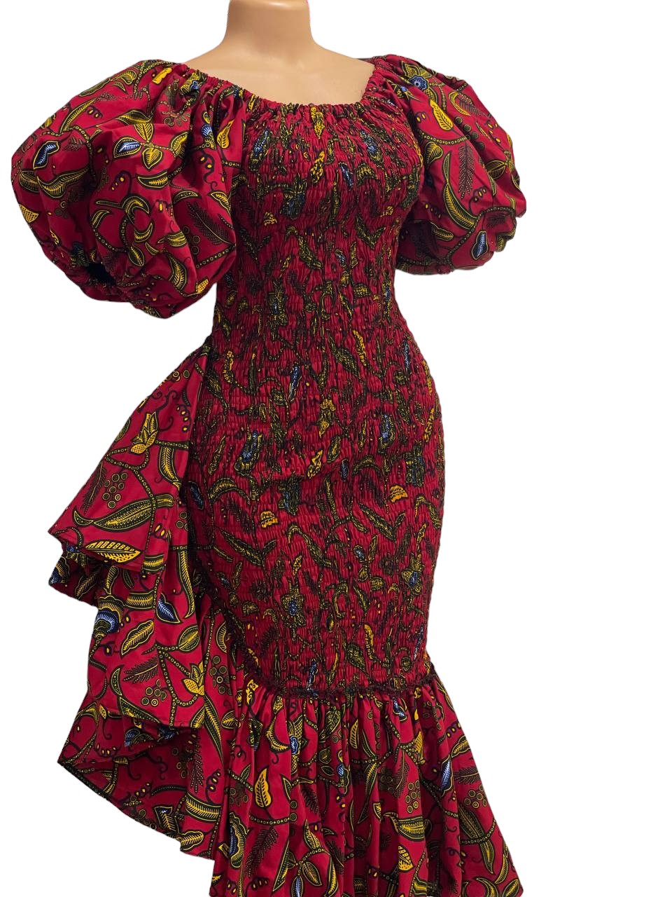 African Print Smocked Gown (Red)