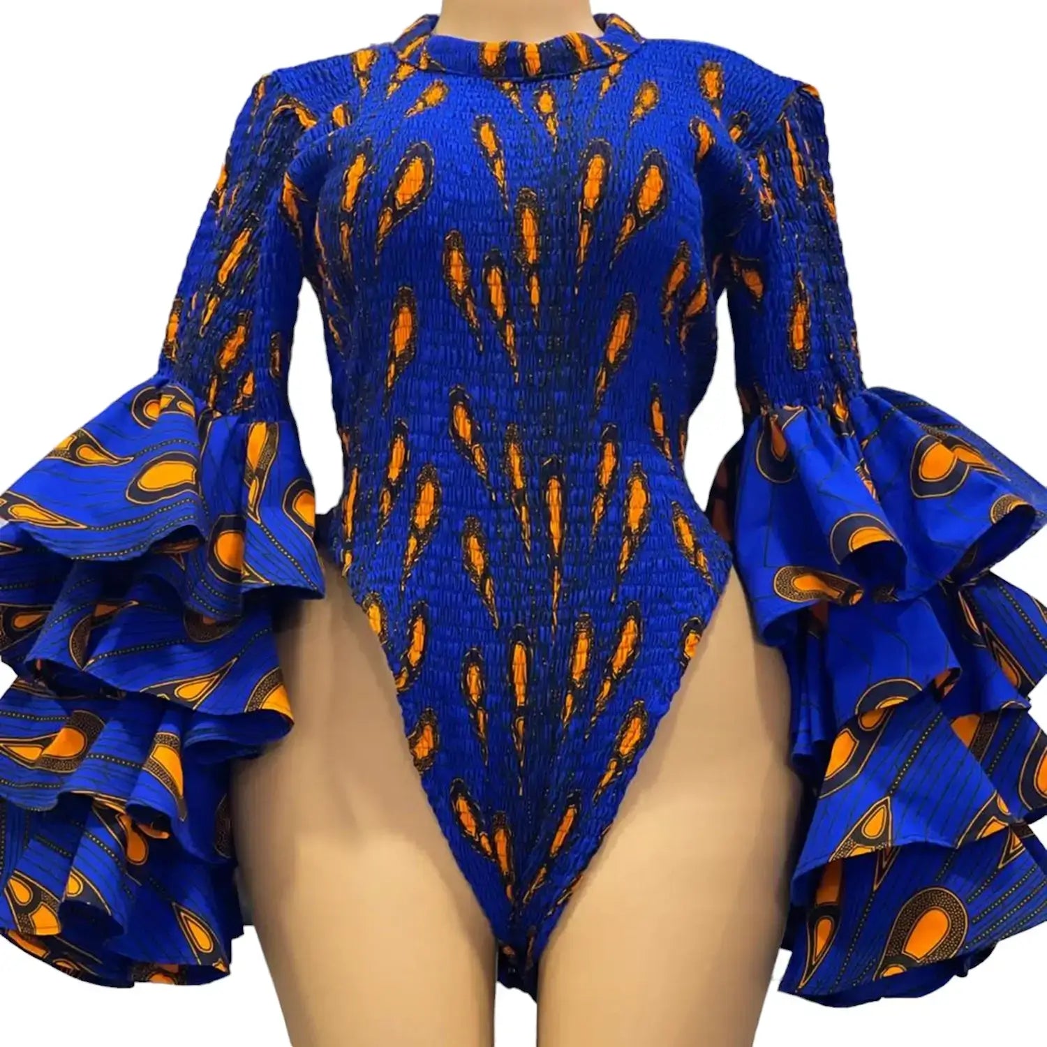 African Print Layered Sleeve Bodycon Dress (Blue)