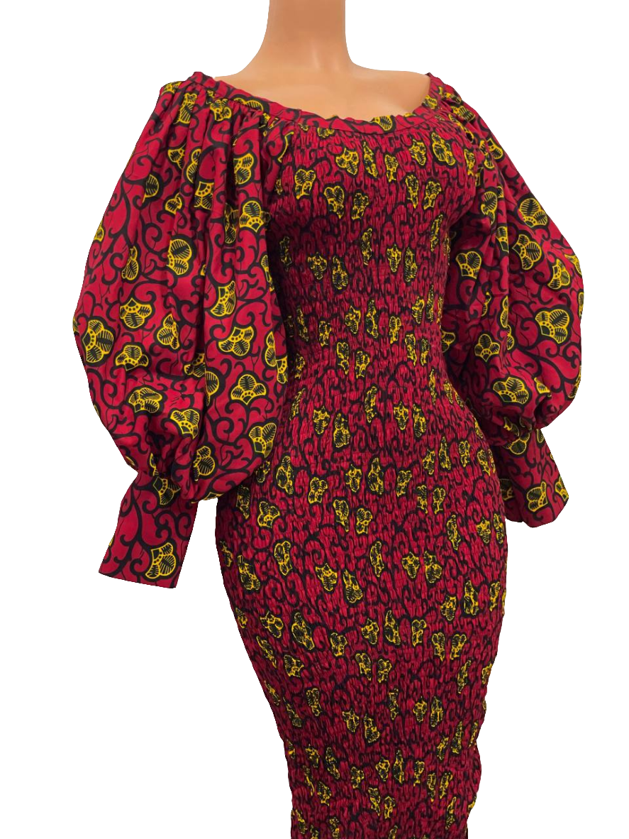 Elegant African Print Smocked Dress (Red)