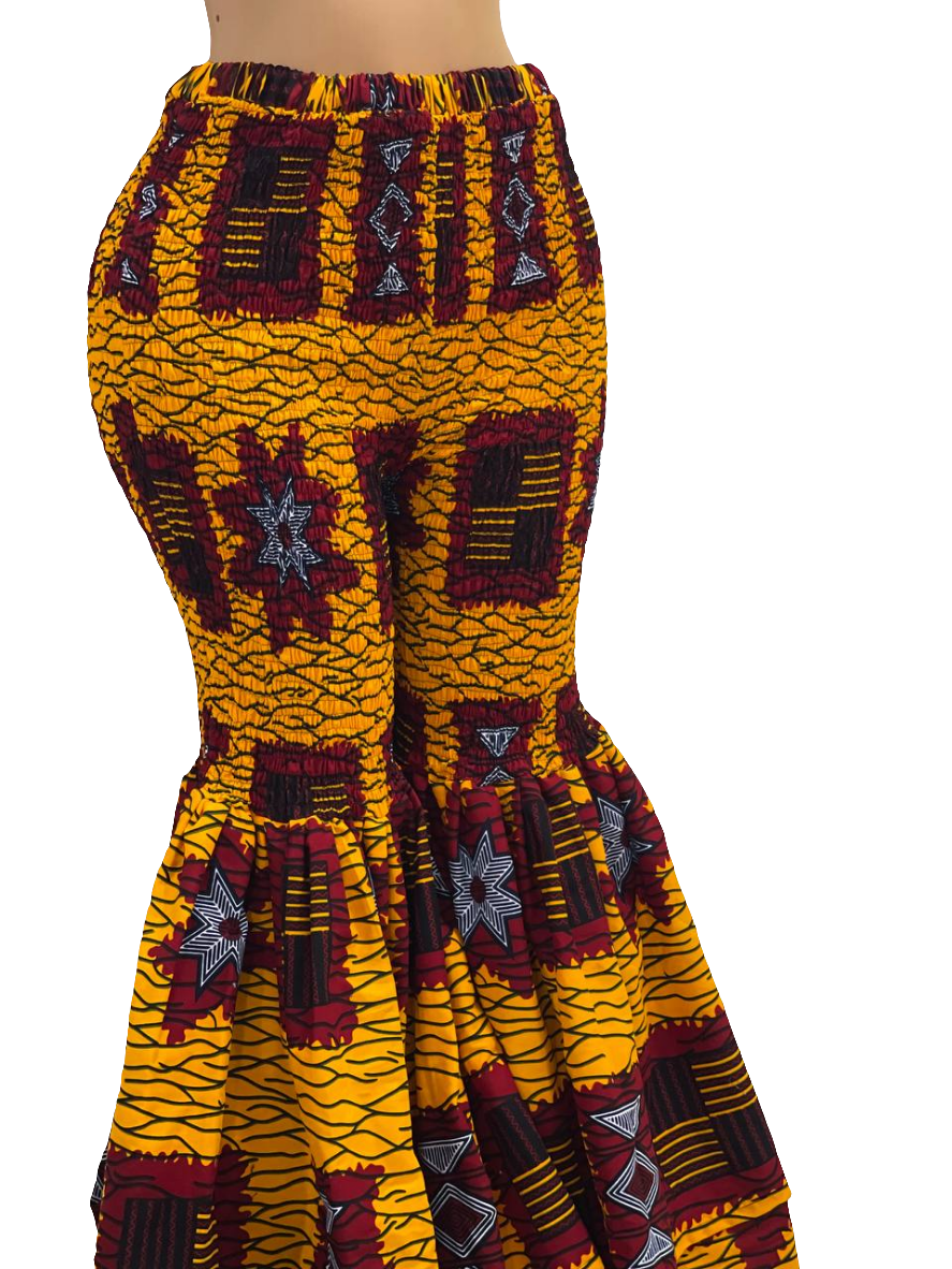 Smocked African Print Bell Bottoms