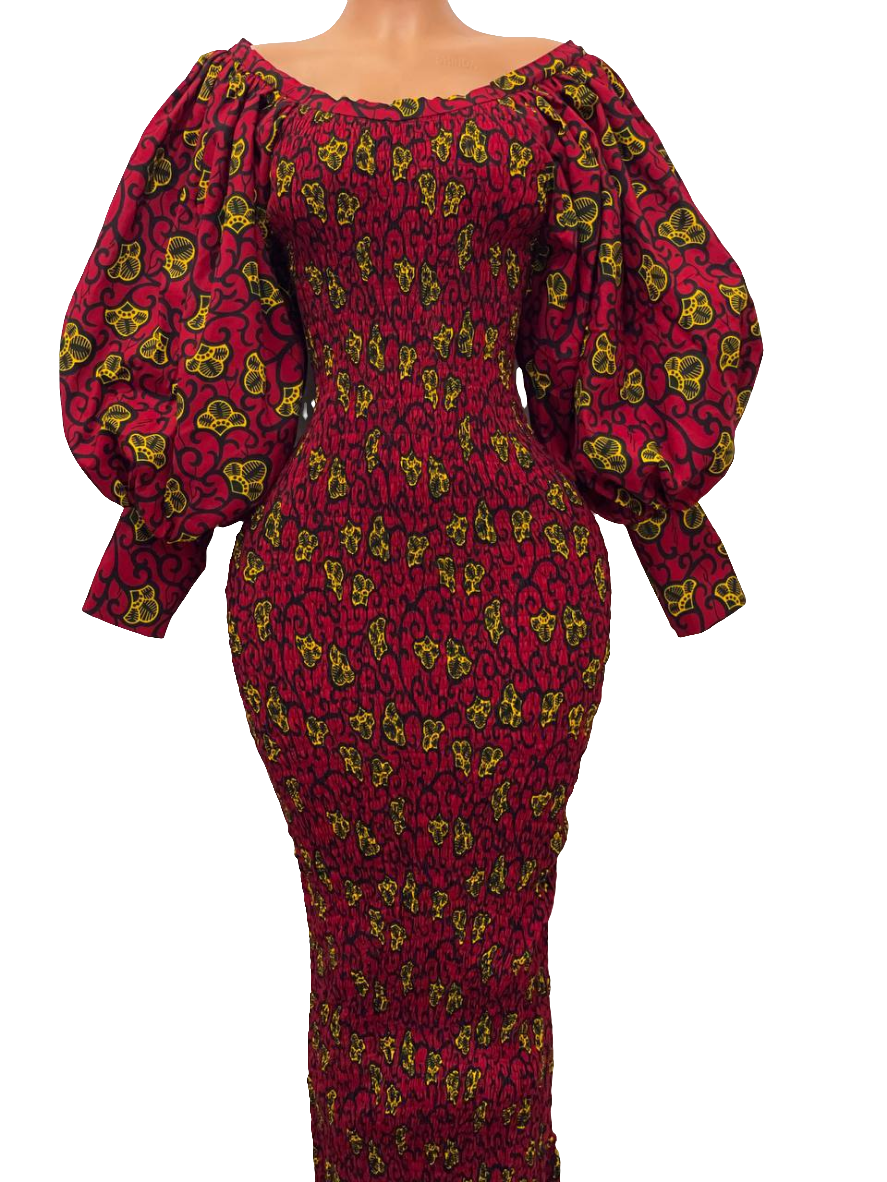 Elegant African Print Smocked Dress (Red)