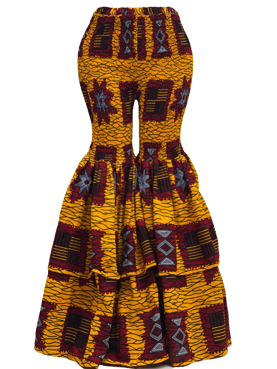 Smocked African Print Bell Bottoms