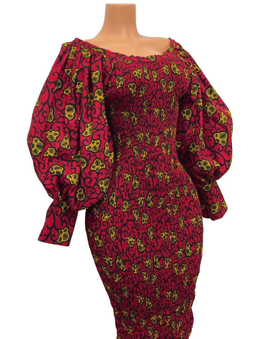 Elegant African Print Smocked Dress (Red)