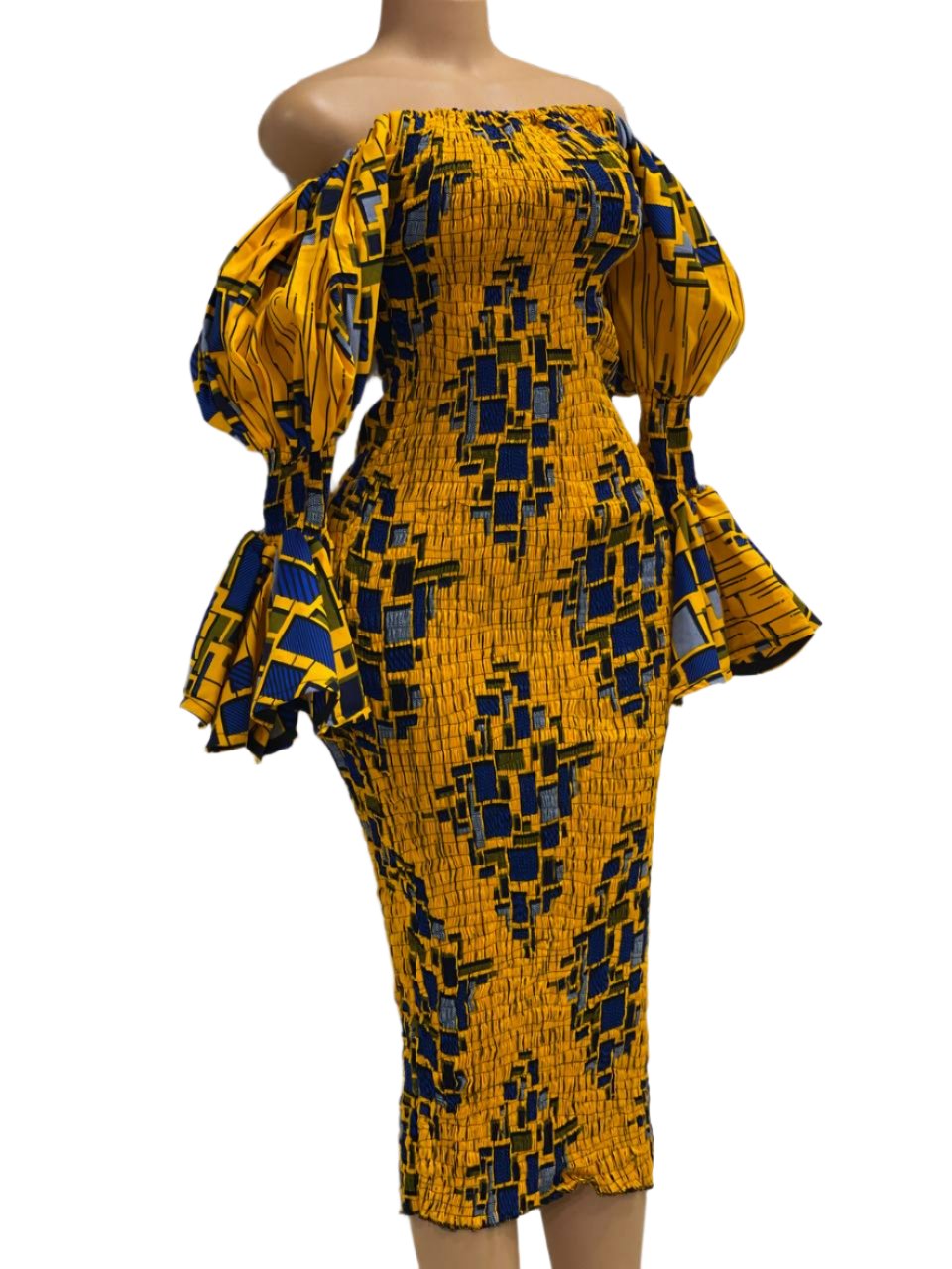 African Print Off-Shoulder Bodycon Dress (Yellow)