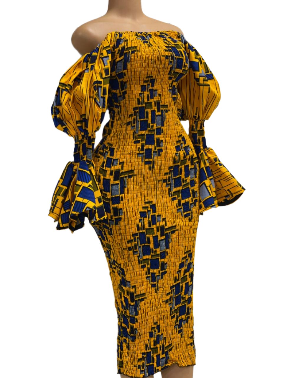 African Print Off-Shoulder Bodycon Dress (Yellow)