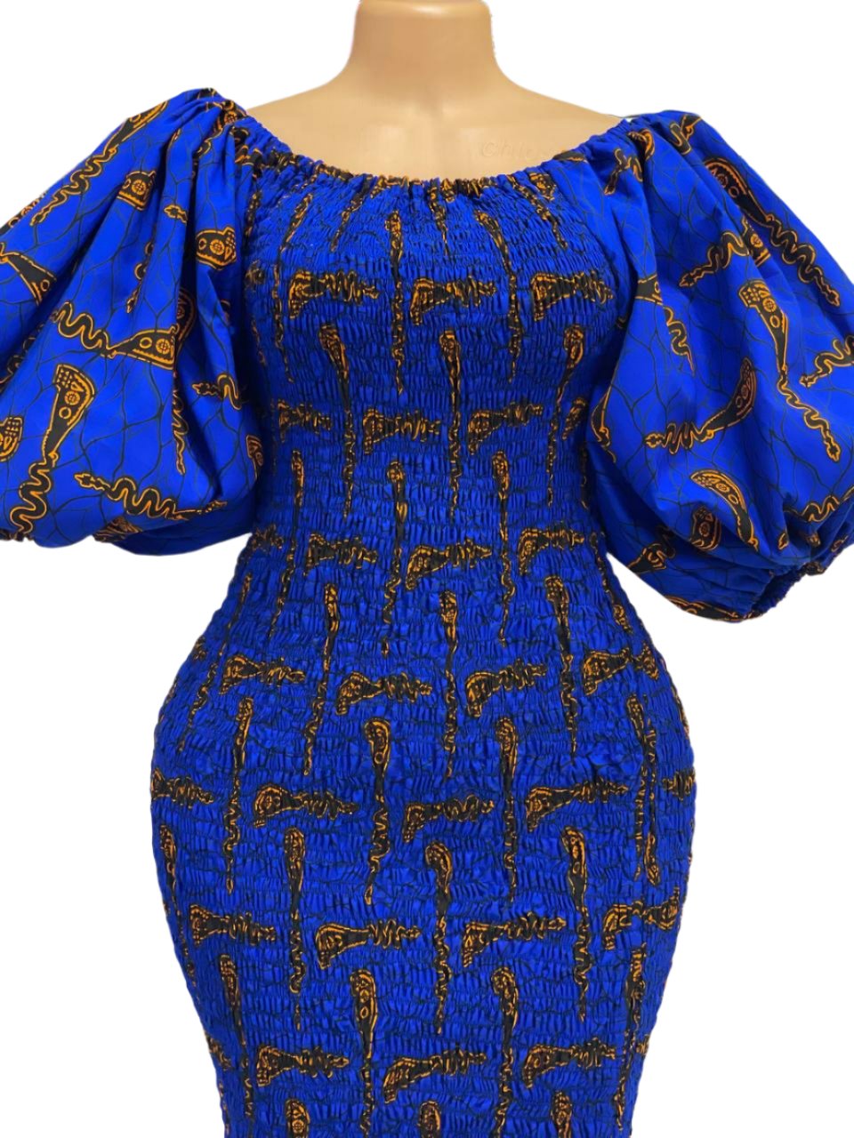 Puff Sleeves African Print Smocked Midi Dress (Blue)