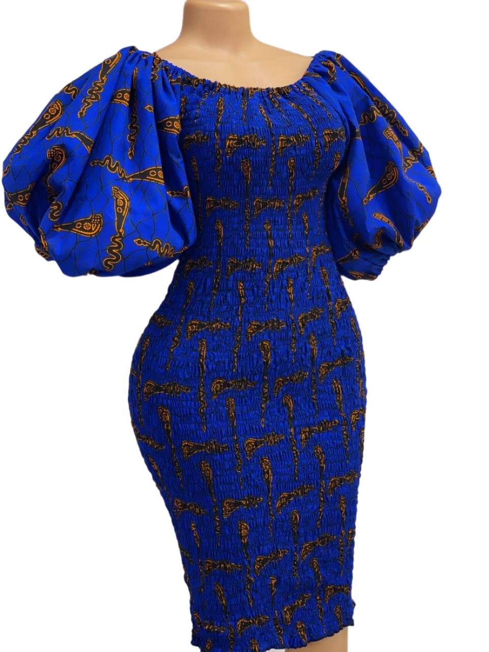 Puff Sleeves African Print Smocked Midi Dress (Blue)